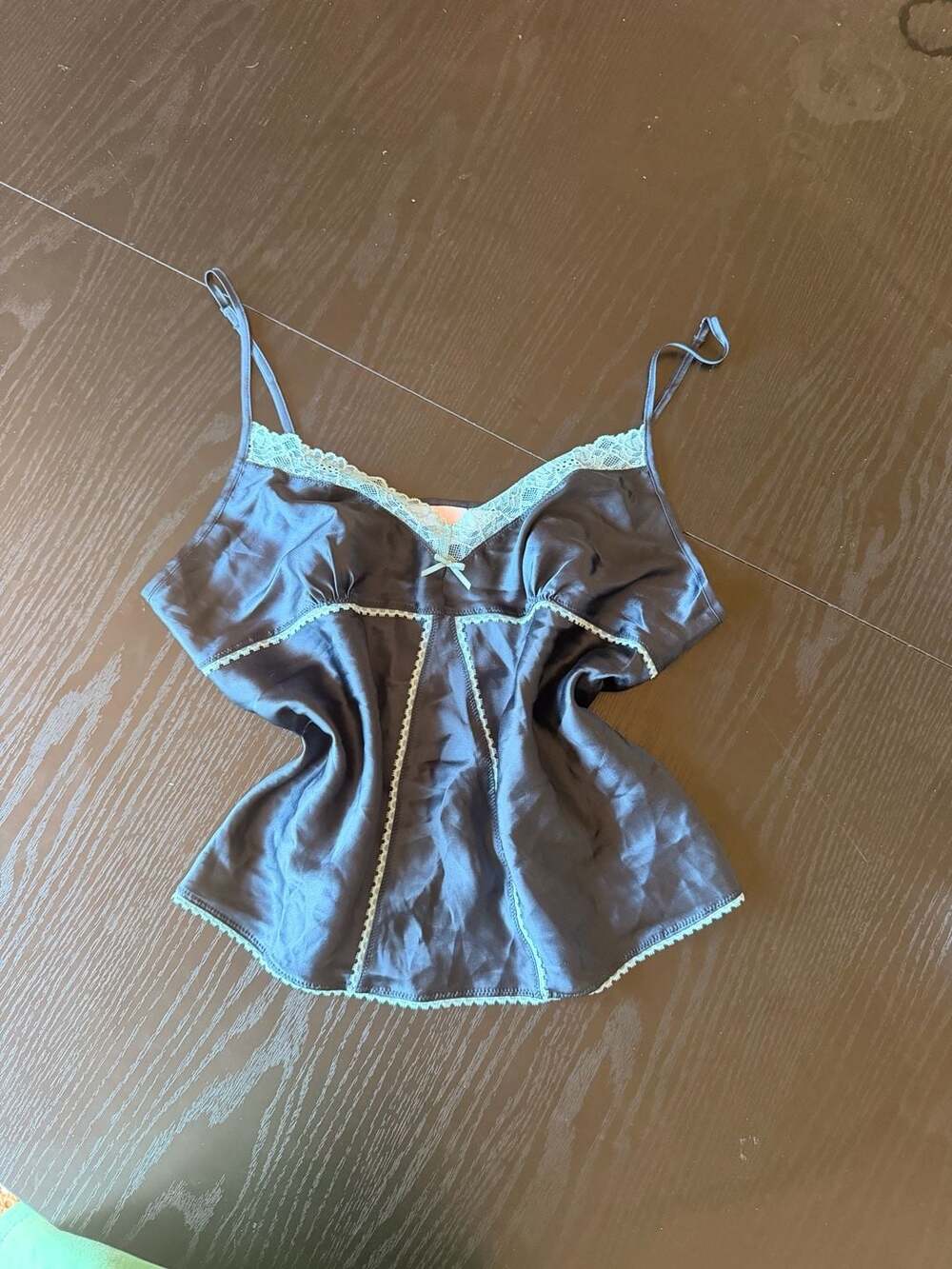 Victoria's Secret Angels Black Satin Camisole with Mint Lace Trim